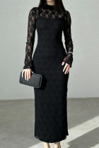 Elegant Solid Color Lace O Neck Wrapped Skirt Dresses