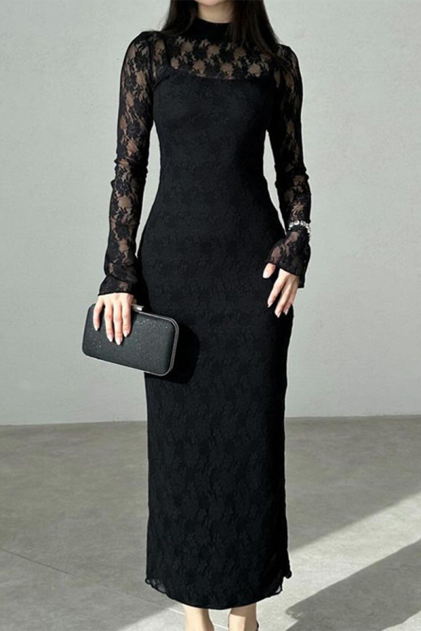 Elegant Solid Color Lace O Neck Wrapped Skirt Dresses