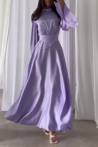 Elegant Solid Color Lace Up Patchwork Mandarin Collar A Line Dresses