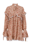 Elegant Leopard Print Flowers Lace Up Patchwork Ruffle Half A Turtleneck A Line Dresses