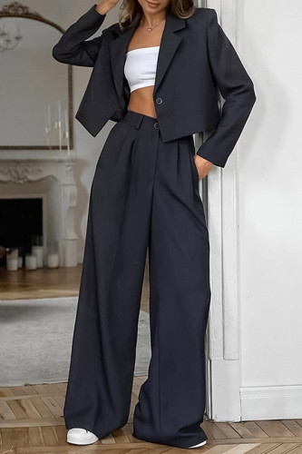 Casual Business Wear Solid Color Pocket Buttons Turn-back Collar Long Sleeve Two Pieces