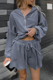 Casual Street Solid Color Lace Up Zipper Hooded Long Sleeve Two Pieces