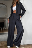 Casual Business Wear Solid Color Pocket Buttons Turn-back Collar Long Sleeve Two Pieces