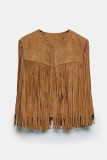 Casual Street Solid Color Fringed Trim O Neck Tops