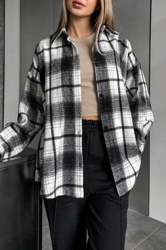 Casual Daily Plaid Patchwork Contrast Turndown Collar Tops