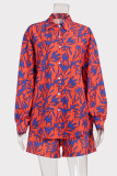 Casual Leaf Print Pocket Contrast Turndown Collar Long Sleeve Two Pieces