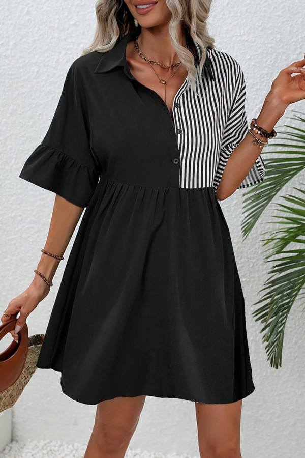 Casual Stripe Patchwork Contrast Turndown Collar A Line Short Sleeve Dress