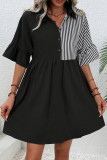 Casual Stripe Patchwork Contrast Turndown Collar A Line Short Sleeve Dress