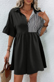 Casual Stripe Patchwork Contrast Turndown Collar A Line Short Sleeve Dress