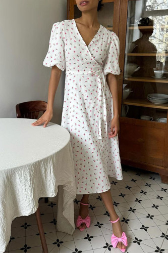Street Daily Flowers Fruit Print Lace Up V Neck A Line Dresses