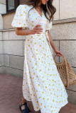 Street Daily Flowers Fruit Print Lace Up V Neck A Line Dresses
