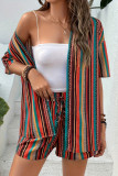 Casual Striped Print Lace Up Contrast Cardigan Collar Short Sleeve Two Pieces