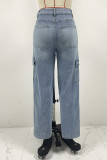 Casual Street Gradient Color Distressed Pocket Lace Up Contrast Loose Denim Jeans