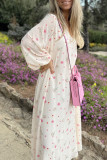 Daily Elegant Floral Print Lace Up V Neck A Line Dresses