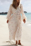 Daily Elegant Floral Print Lace Up V Neck A Line Dresses