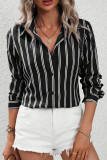 Casual Stripe Buttons Contrast Turndown Collar Tops