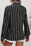 Casual Stripe Buttons Contrast Turndown Collar Tops