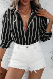 Casual Stripe Buttons Contrast Turndown Collar Tops