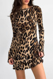 Sexy Leopard Print Lace Up Backless Contrast O Neck Wrapped Skirt Dresses