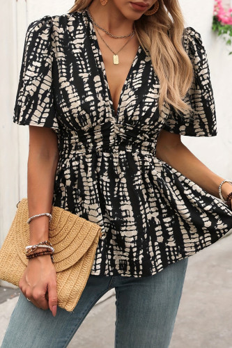 Casual Vacation Geometric Print Contrast V Neck Tops