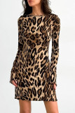 Sexy Leopard Print Lace Up Backless Contrast O Neck Wrapped Skirt Dresses
