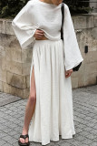 Casual Solid Color Slit Ruched O Neck Long Sleeve Two Pieces
