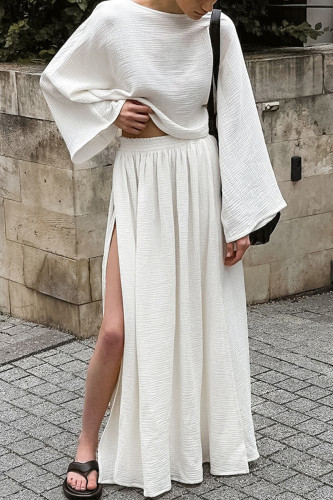 Casual Solid Color Slit Ruched O Neck Long Sleeve Two Pieces