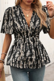 Casual Vacation Geometric Print Contrast V Neck Tops