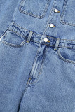 Casual Street Solid Color Pocket Buttons Turndown Collar Long Sleeve Loose Denim Jumpsuits