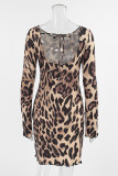 Sexy Leopard Print Lace Up Backless Contrast O Neck Wrapped Skirt Dresses