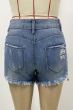 Casual Daily Solid Color Ripped Without Belt High Waist Loose Denim Shorts(No Belt)