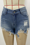 Casual Daily Solid Color Ripped Without Belt High Waist Loose Denim Shorts(No Belt)