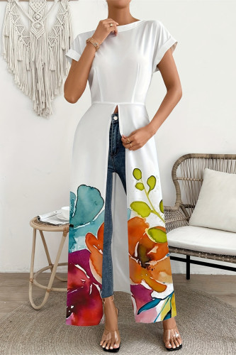Casual Street Floral Print Slit O Neck T-Shirts