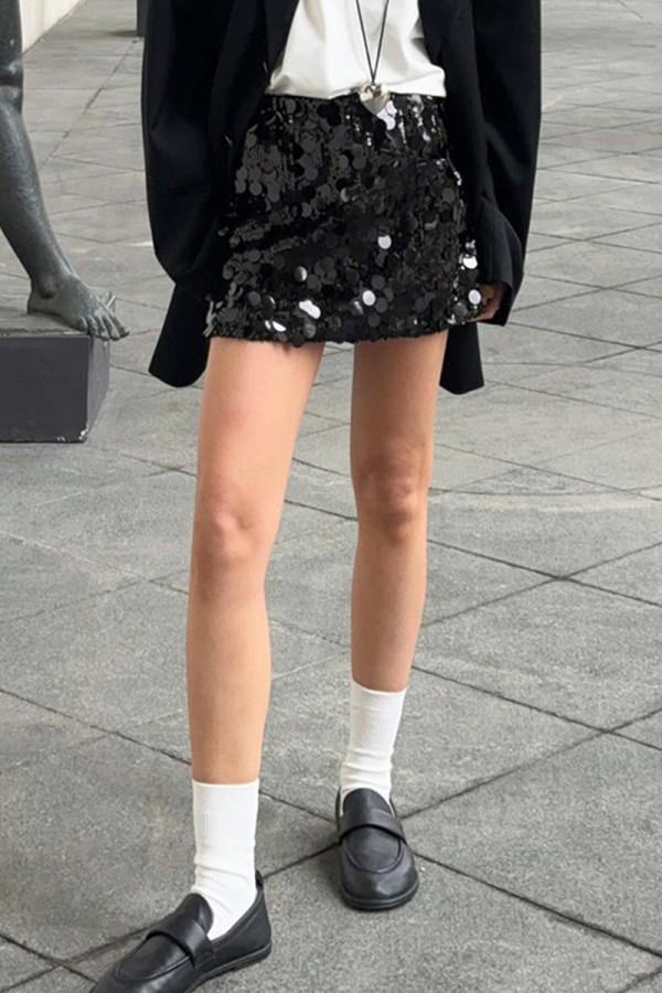 Sexy Solid Color Sequins Sequined Loose Straight Solid Color Bottoms