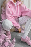 Casual Solid Color Zipper Fluffy Turndown Collar Tops