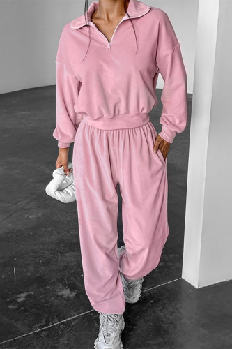 Casual Street Solid Color Pocket Zipper Turndown Collar Long Sleeve Two Pieces