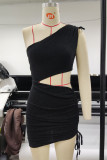 Sexy Solid Color Hollow Out Lace Up Sloping Shoulder Irregular Dresses
