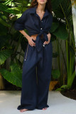 Casual Daily Solid Color Buttons Turndown Collar Long Sleeve Two Pieces