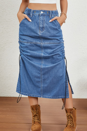 Casual Solid Color Draw String Pocket High Waist Loose Denim Skirts