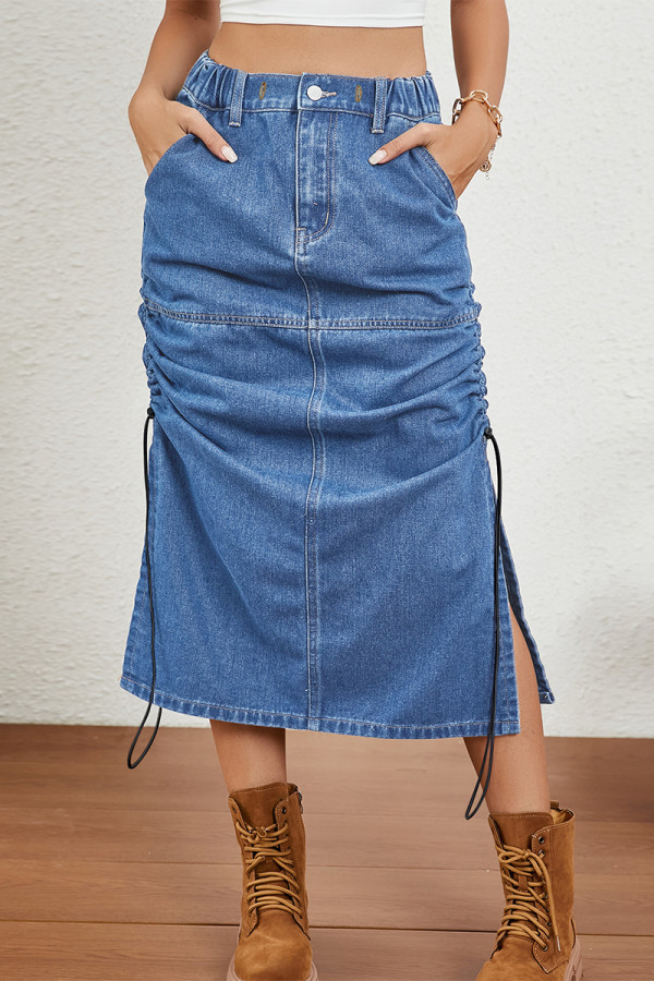 Casual Solid Color Draw String Pocket High Waist Loose Denim Skirts