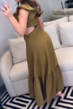 Elegant Solid Color Hollow Out Ruffle Pleated Sloping Shoulder Pleated Dresses