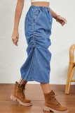 Casual Solid Color Draw String Pocket High Waist Loose Denim Skirts