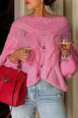 Casual Solid Color Weave O Neck Tops