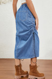 Casual Solid Color Draw String Pocket High Waist Loose Denim Skirts