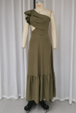 Elegant Solid Color Hollow Out Ruffle Pleated Sloping Shoulder Pleated Dresses