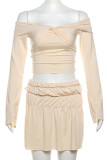 Sexy Solid Color Ruffle Ruched Off Shoulder Long Sleeve Two Pieces