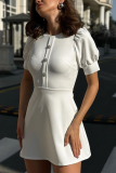 Daily Elegant Solid Color Buttons Peter Pan Collar A Line Short Sleeve Dress