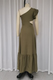 Elegant Solid Color Hollow Out Ruffle Pleated Sloping Shoulder Pleated Dresses