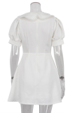 Daily Elegant Solid Color Buttons Peter Pan Collar A Line Short Sleeve Dress