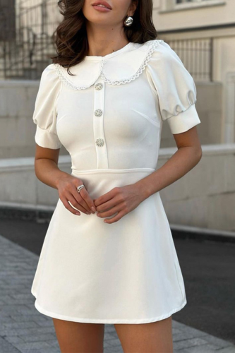 Daily Elegant Solid Color Buttons Peter Pan Collar A Line Short Sleeve Dress